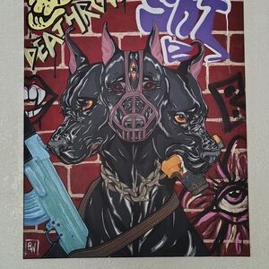 "Ruff Life" -BW.  Original Graffiti Art Canvas with Three-Headed Dog